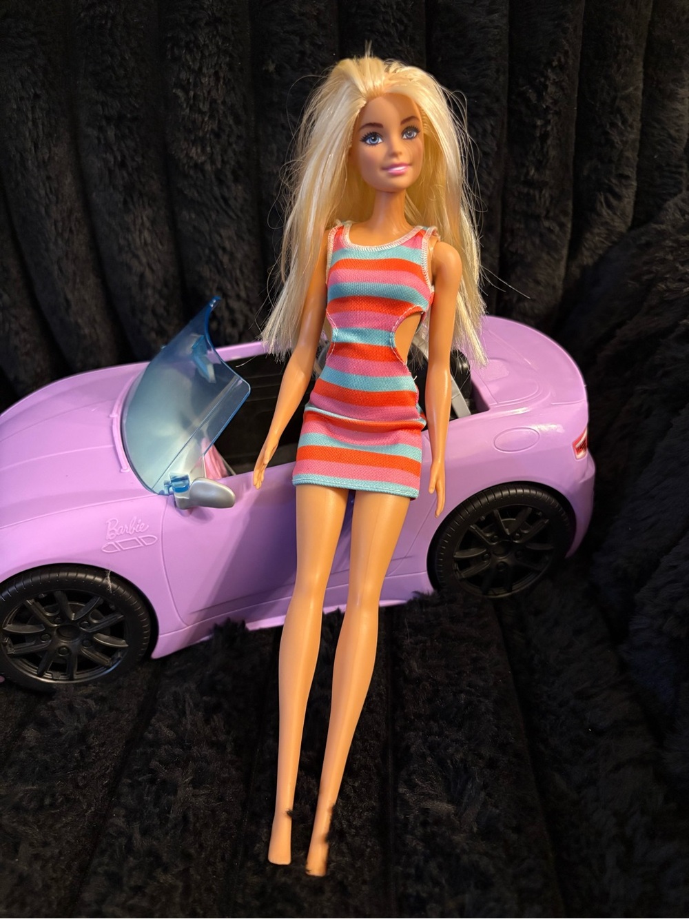 Barbie Pink Convertible with Striped Coral & Aqua Dress